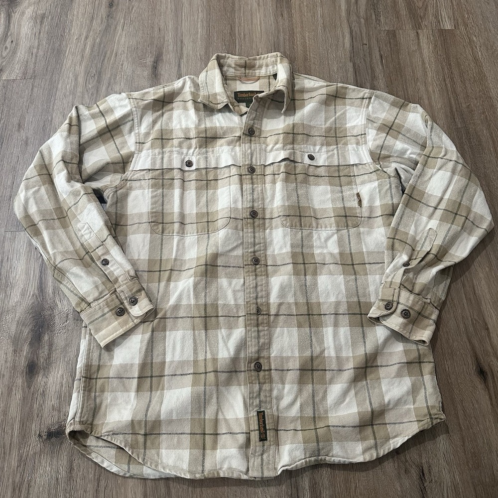 Timberland Men Shirt‎ Size S Tan/Brown Plaid Long Sleeves Button Up 100% Cotton